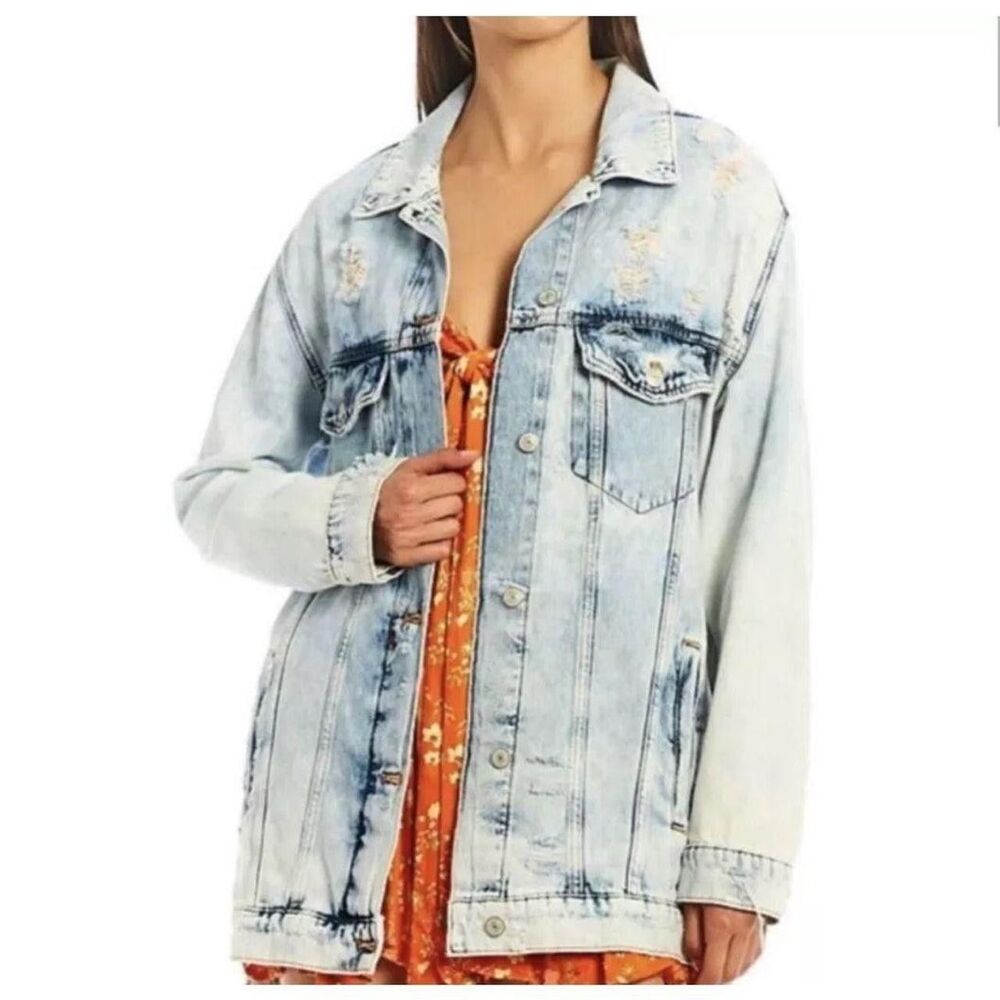 Free People Womens Denim Oversize Jacket Button Up Distressed Size XS